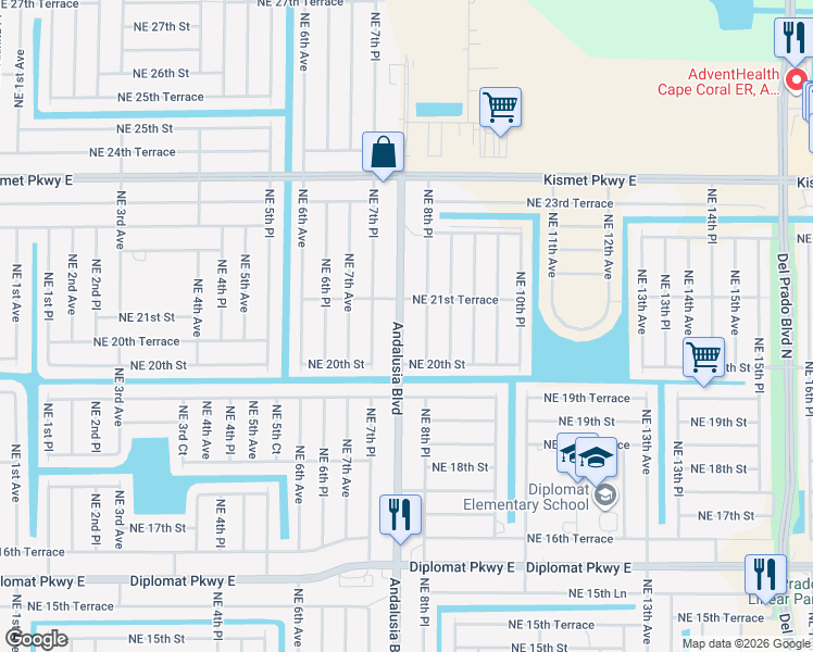 map of restaurants, bars, coffee shops, grocery stores, and more near 2029 Andalusia Boulevard in Cape Coral