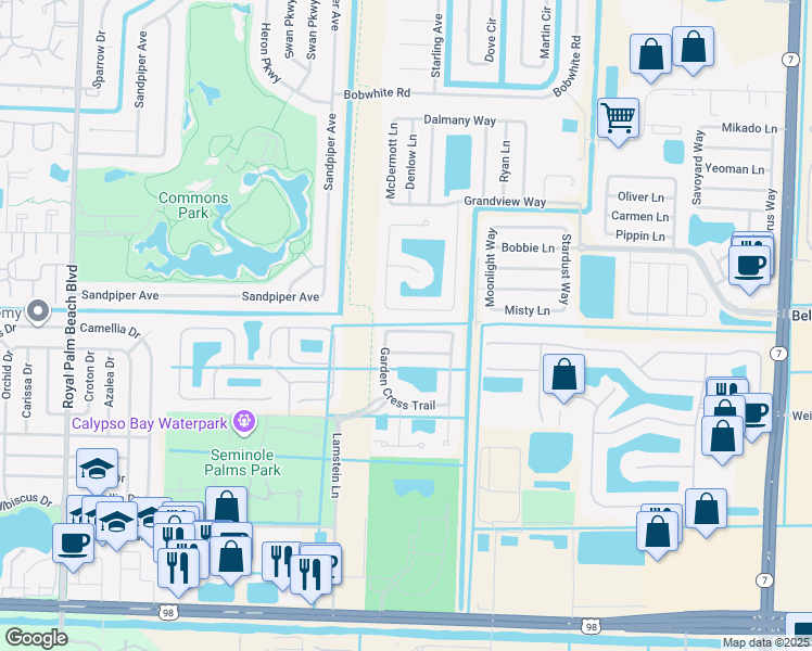 map of restaurants, bars, coffee shops, grocery stores, and more near 11467 Blue Violet Lane in West Palm Beach