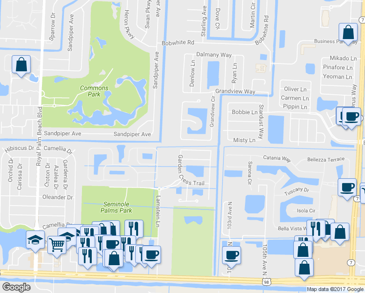map of restaurants, bars, coffee shops, grocery stores, and more near 11487 Blue Violet Lane in Royal Palm Beach