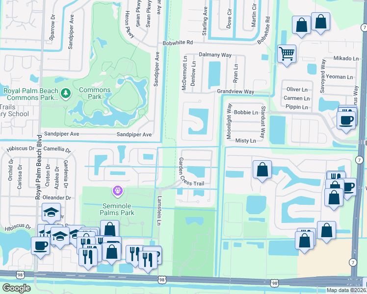 map of restaurants, bars, coffee shops, grocery stores, and more near 11487 Blue Violet Lane in Royal Palm Beach