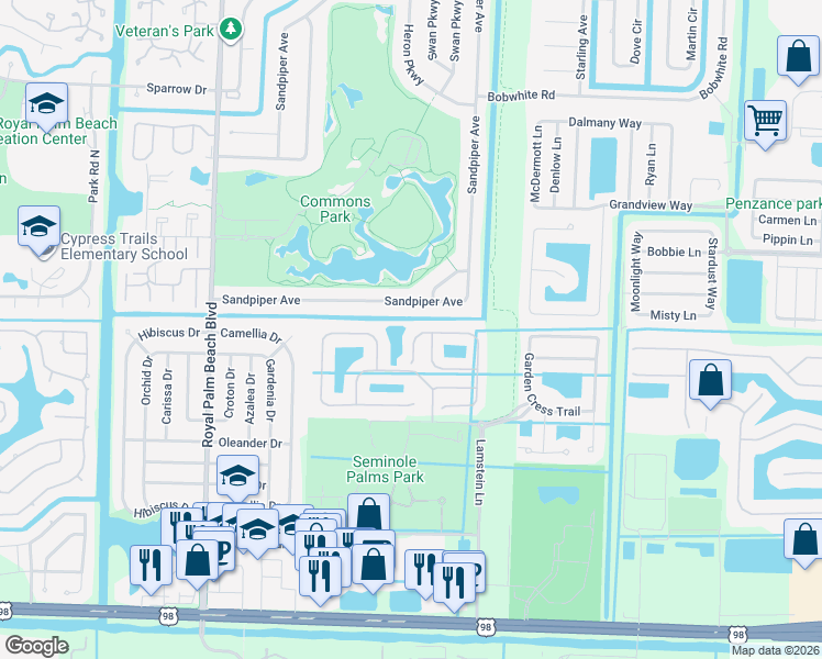 map of restaurants, bars, coffee shops, grocery stores, and more near 401 Rainbow Springs Terrace in Royal Palm Beach