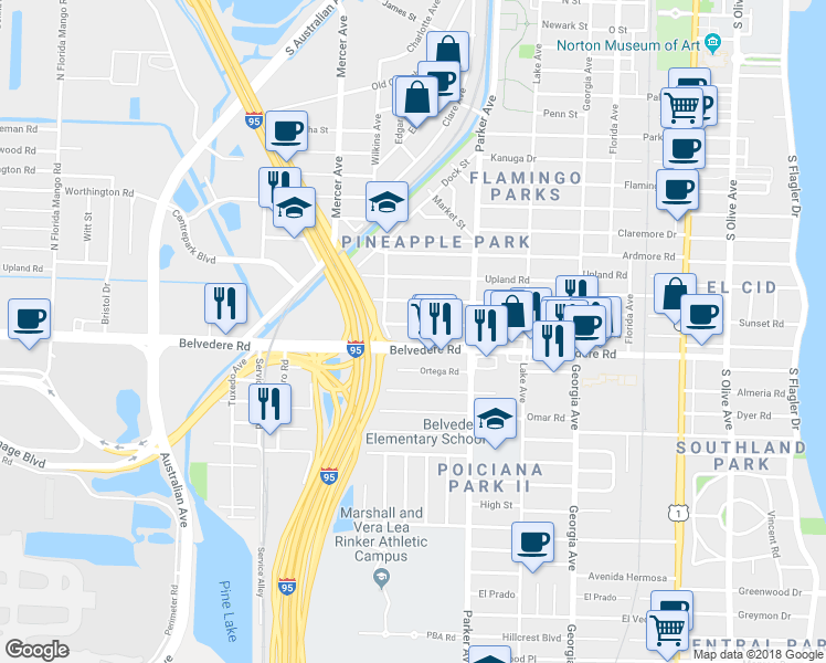 map of restaurants, bars, coffee shops, grocery stores, and more near 1004 Avon Road in West Palm Beach