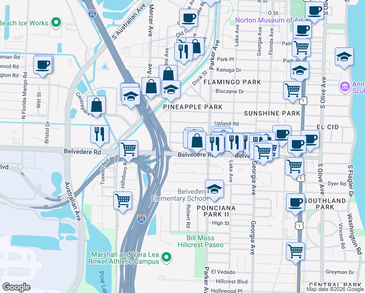 map of restaurants, bars, coffee shops, grocery stores, and more near 1024 Avon Road in West Palm Beach