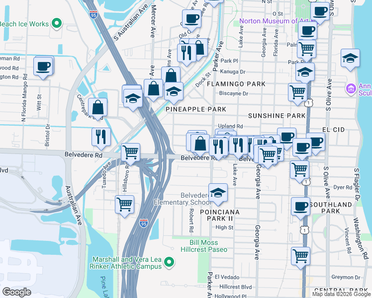 map of restaurants, bars, coffee shops, grocery stores, and more near 1024 Avon Road in West Palm Beach