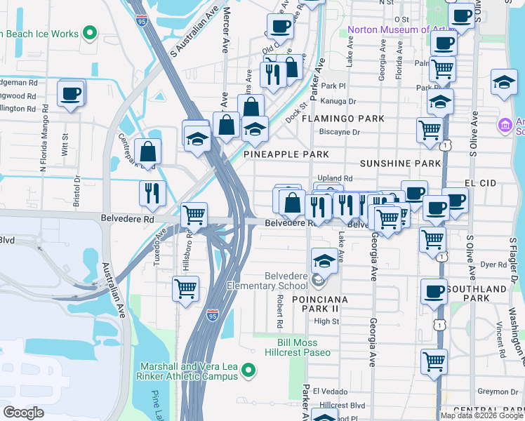 map of restaurants, bars, coffee shops, grocery stores, and more near 1024 Avon Road in West Palm Beach