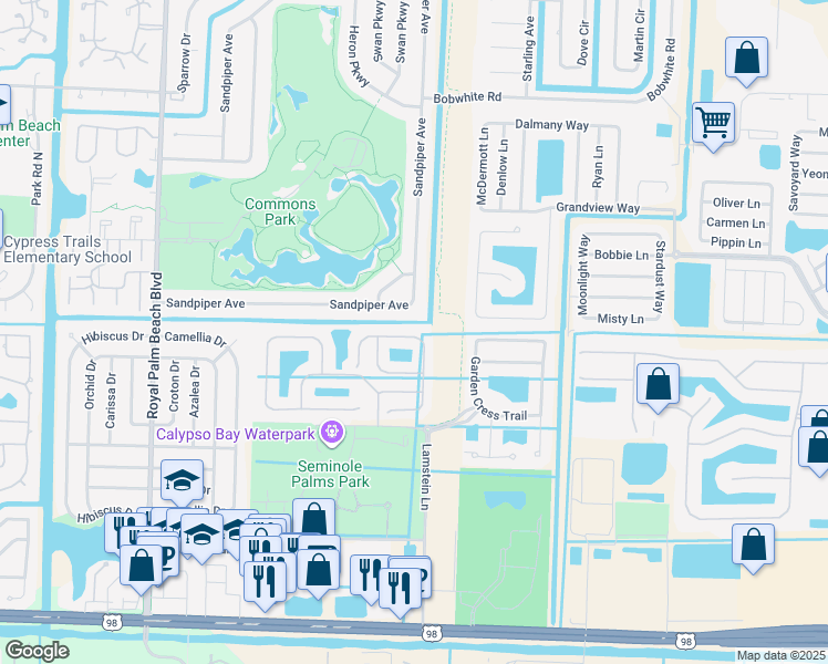 map of restaurants, bars, coffee shops, grocery stores, and more near 276 River Bluff Lane in Royal Palm Beach