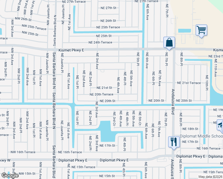 map of restaurants, bars, coffee shops, grocery stores, and more near 332 Northeast 21st Street in Cape Coral