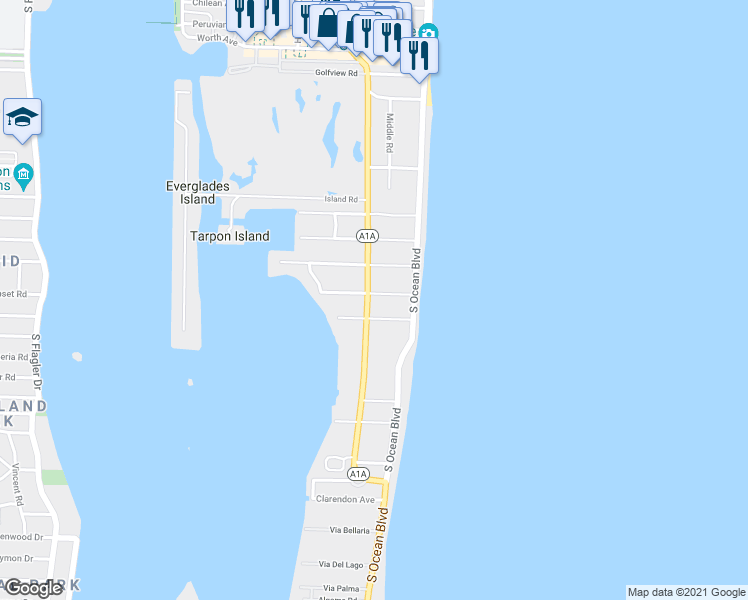 map of restaurants, bars, coffee shops, grocery stores, and more near 695 South County Road in Palm Beach