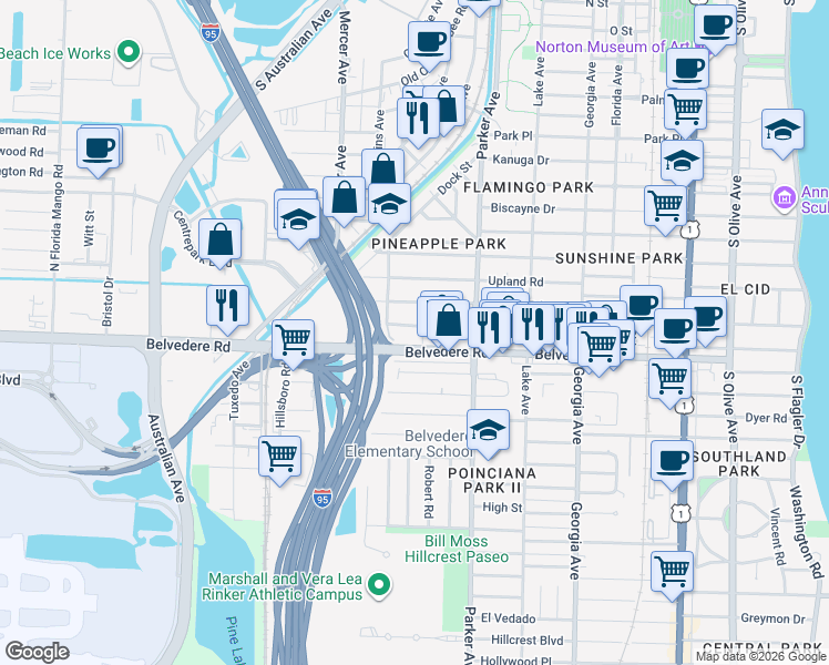 map of restaurants, bars, coffee shops, grocery stores, and more near 1004 Avon Road in West Palm Beach