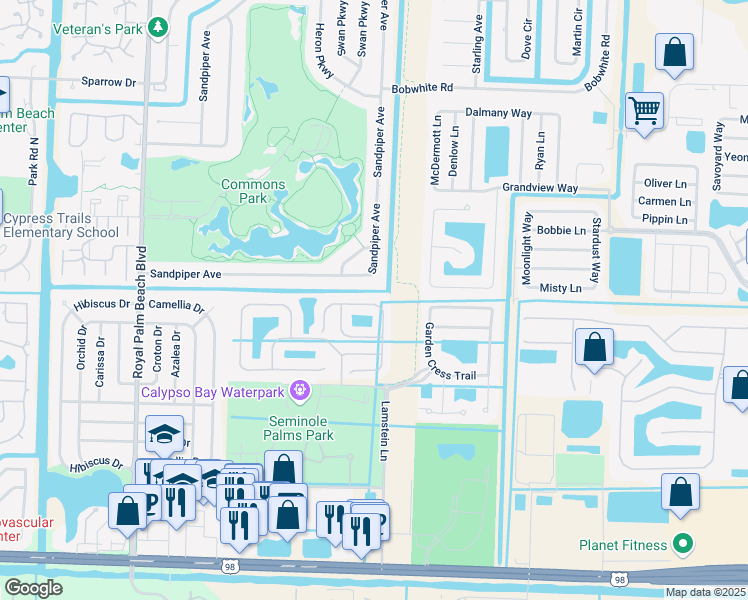 map of restaurants, bars, coffee shops, grocery stores, and more near 285 River Bluff Lane in Royal Palm Beach