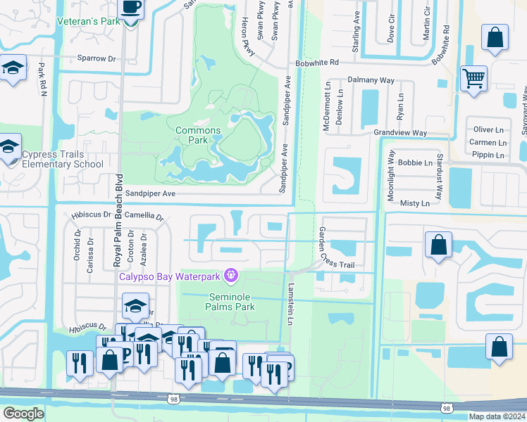 map of restaurants, bars, coffee shops, grocery stores, and more near 255 River Bluff Lane in Royal Palm Beach