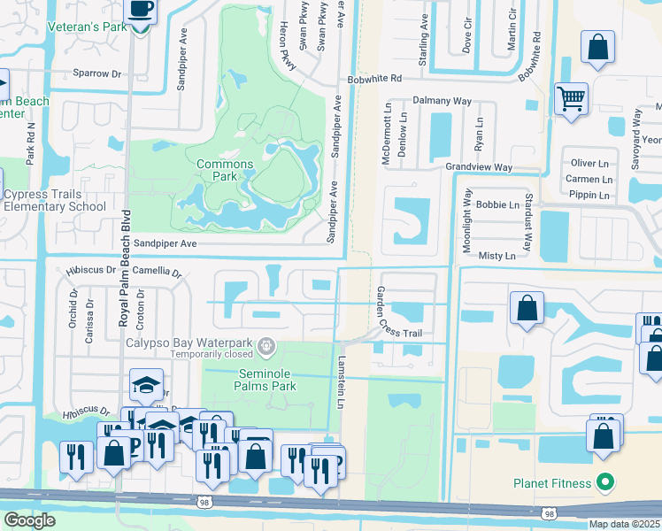 map of restaurants, bars, coffee shops, grocery stores, and more near 276 River Bluff Lane in Royal Palm Beach