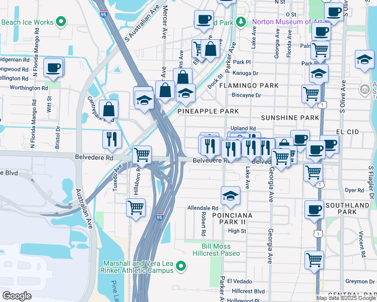 map of restaurants, bars, coffee shops, grocery stores, and more near 1024 Avon Road in West Palm Beach