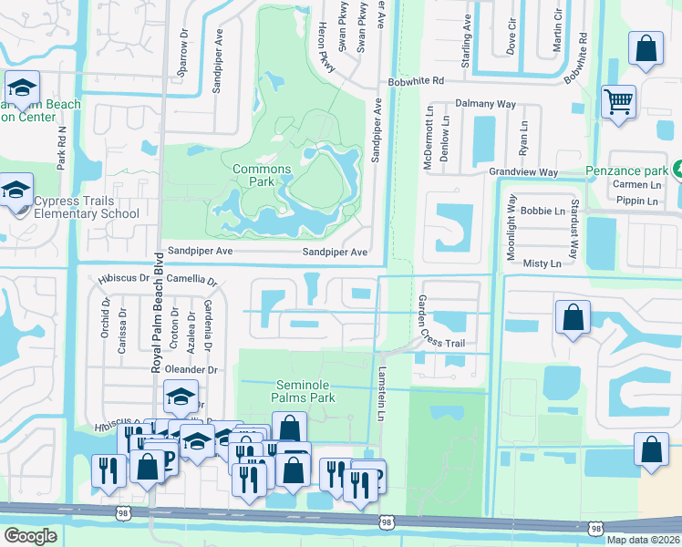 map of restaurants, bars, coffee shops, grocery stores, and more near 251 River Bluff Lane in Royal Palm Beach