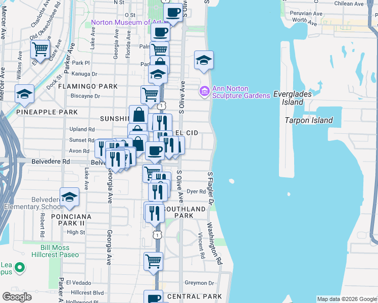 map of restaurants, bars, coffee shops, grocery stores, and more near 225 Pershing Way in West Palm Beach