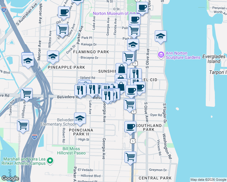 map of restaurants, bars, coffee shops, grocery stores, and more near 618 Avon Road in West Palm Beach