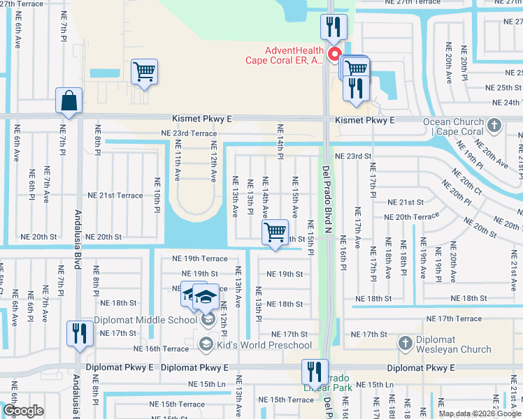 map of restaurants, bars, coffee shops, grocery stores, and more near 2022 Northeast 13th Place in Cape Coral