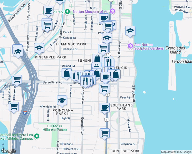 map of restaurants, bars, coffee shops, grocery stores, and more near 2510 Florida Avenue in West Palm Beach