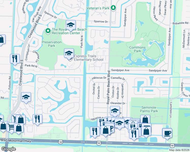 map of restaurants, bars, coffee shops, grocery stores, and more near 924 Hibiscus Drive in Royal Palm Beach