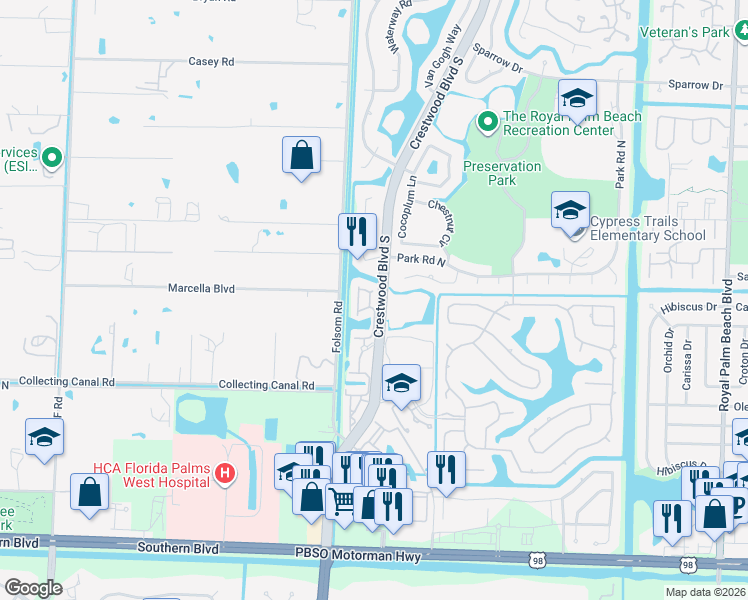 map of restaurants, bars, coffee shops, grocery stores, and more near 280 Crestwood Circle in Royal Palm Beach