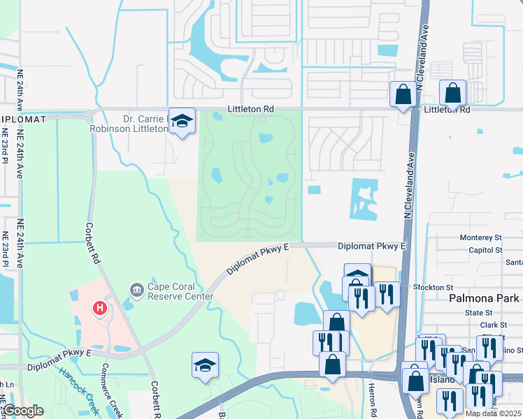 map of restaurants, bars, coffee shops, grocery stores, and more near 150 Nicklaus Boulevard in North Fort Myers