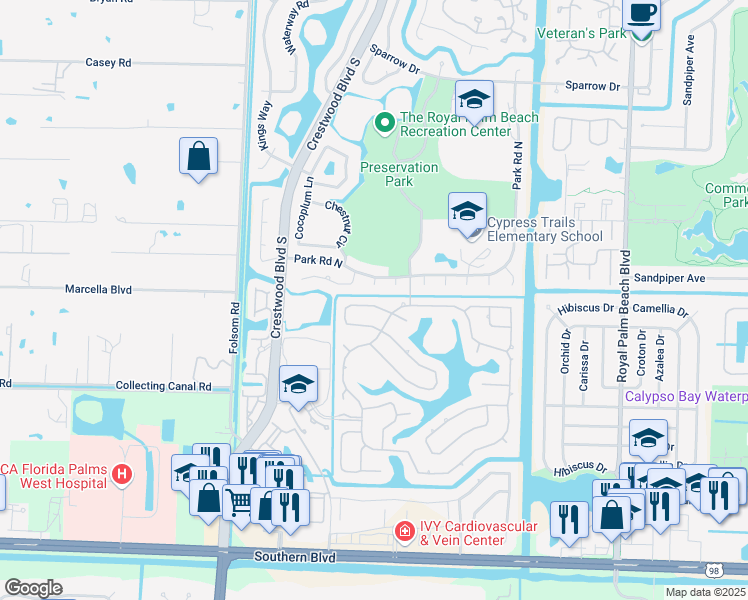 map of restaurants, bars, coffee shops, grocery stores, and more near 107 Black Olive Crescent in Royal Palm Beach