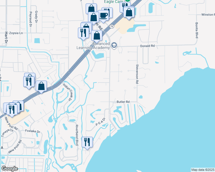 map of restaurants, bars, coffee shops, grocery stores, and more near 7304 Coon Road in North Fort Myers