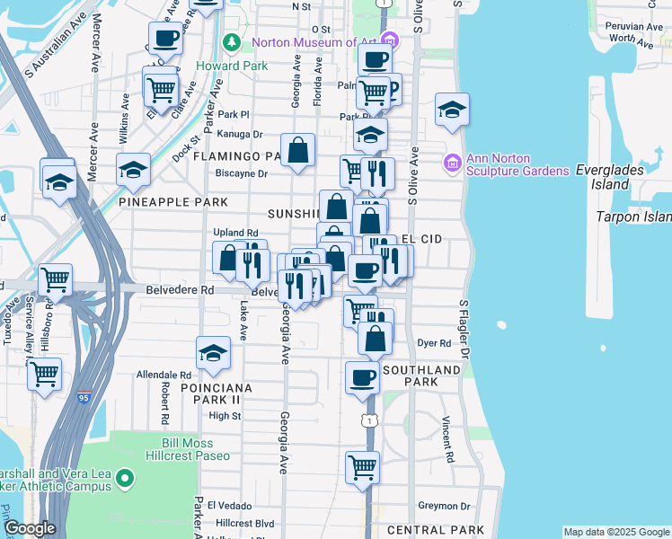 map of restaurants, bars, coffee shops, grocery stores, and more near 2510 Florida Avenue in West Palm Beach