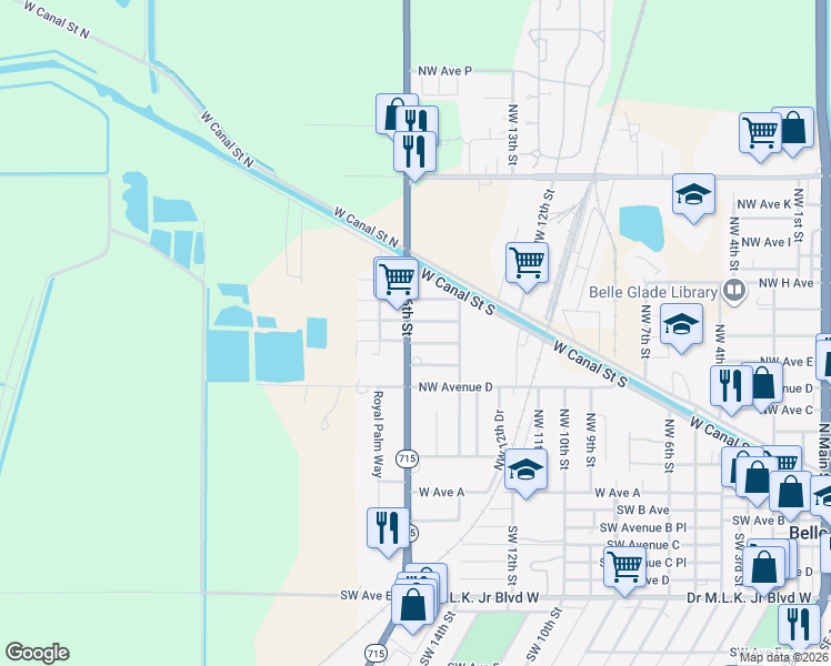map of restaurants, bars, coffee shops, grocery stores, and more near 555 Northwest 16th Street in Belle Glade