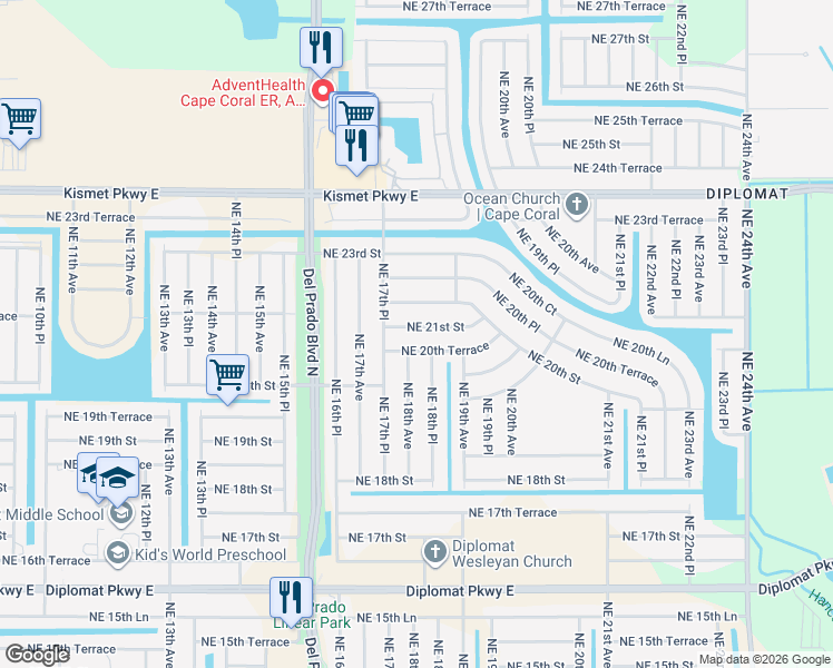 map of restaurants, bars, coffee shops, grocery stores, and more near 1809 Northeast 20th Terrace in Cape Coral
