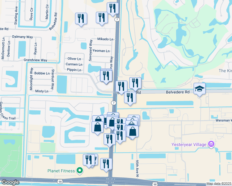 map of restaurants, bars, coffee shops, grocery stores, and more near FL-7 & Belvedere Rd in West Palm Beach