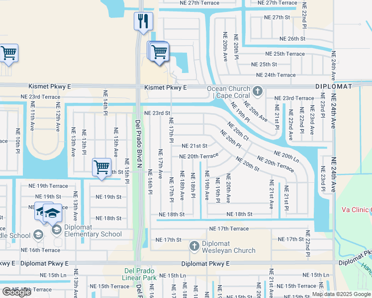 map of restaurants, bars, coffee shops, grocery stores, and more near 1804 Northeast 21st Street in Cape Coral