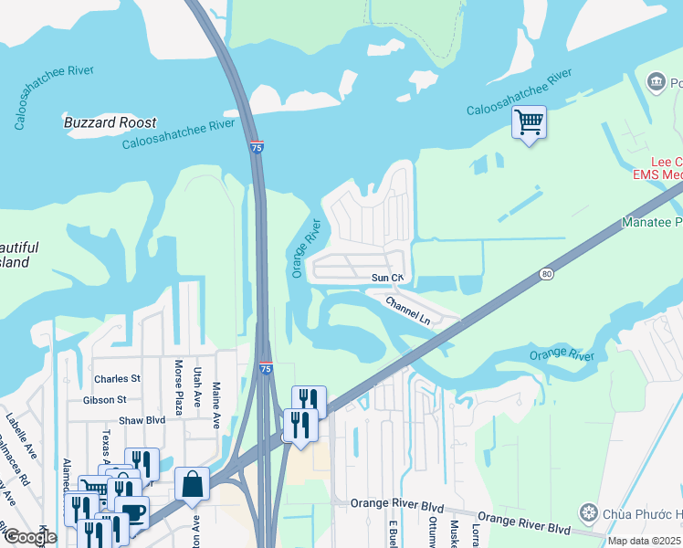 map of restaurants, bars, coffee shops, grocery stores, and more near 198 Sun Circle in Fort Myers
