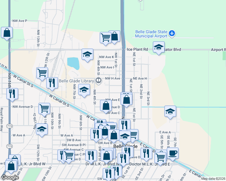 map of restaurants, bars, coffee shops, grocery stores, and more near 524 Northwest 2nd Street in Belle Glade
