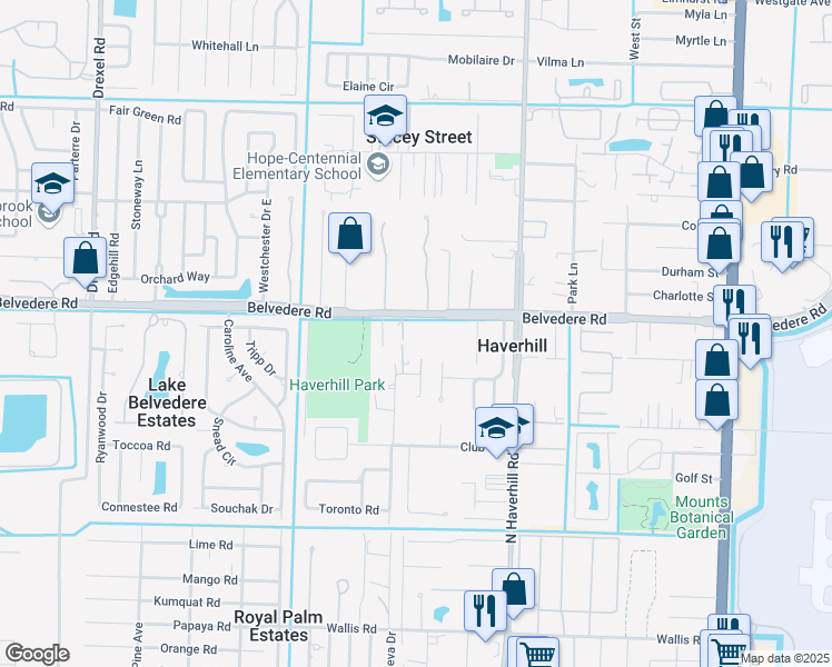 map of restaurants, bars, coffee shops, grocery stores, and more near 5222 Belvedere Road in Haverhill