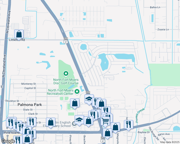 map of restaurants, bars, coffee shops, grocery stores, and more near 140 Doubloon Drive in North Fort Myers