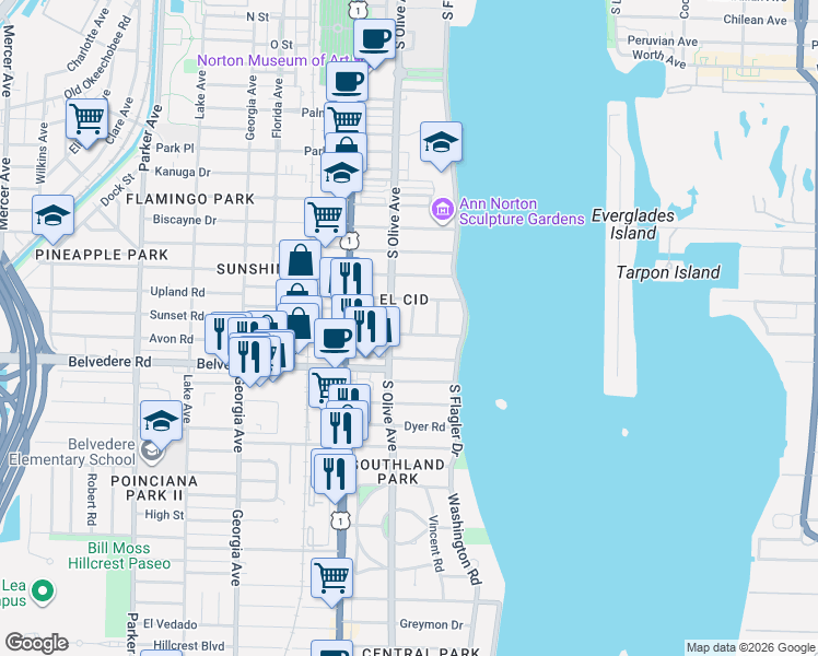 map of restaurants, bars, coffee shops, grocery stores, and more near 225 Pershing Way in West Palm Beach
