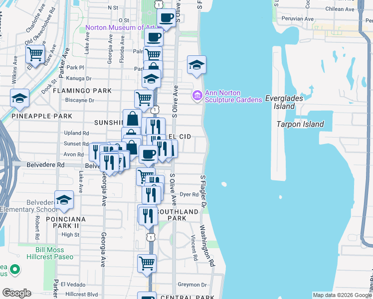 map of restaurants, bars, coffee shops, grocery stores, and more near 225 Pershing Way in West Palm Beach