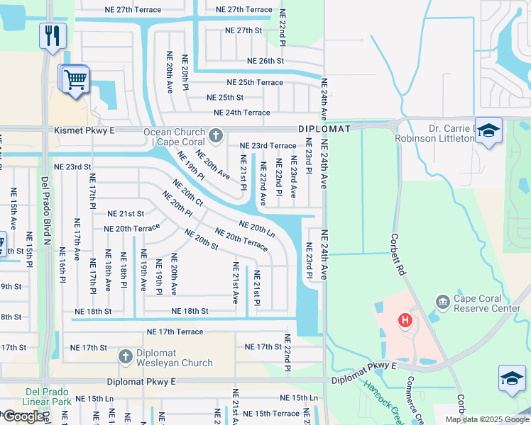map of restaurants, bars, coffee shops, grocery stores, and more near 2107 Northeast 22nd Avenue in Cape Coral