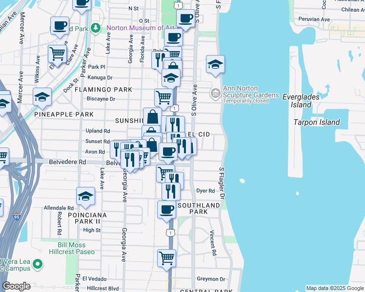 map of restaurants, bars, coffee shops, grocery stores, and more near 322 Valencia Road in West Palm Beach