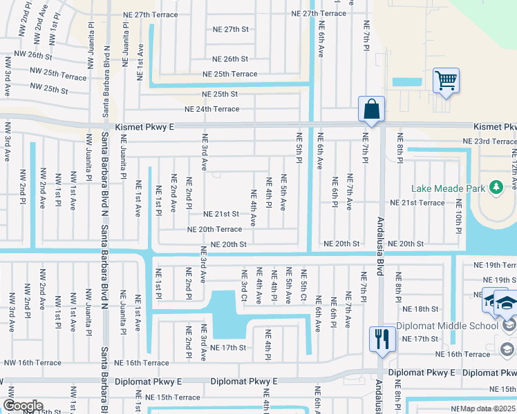 map of restaurants, bars, coffee shops, grocery stores, and more near 2105 Northeast 4th Avenue in Cape Coral