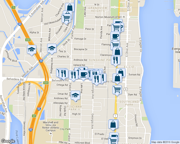 map of restaurants, bars, coffee shops, grocery stores, and more near 714 Sunset Rd in West Palm Beach