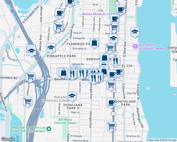 map of restaurants, bars, coffee shops, grocery stores, and more near 727 Sunset Road in West Palm Beach