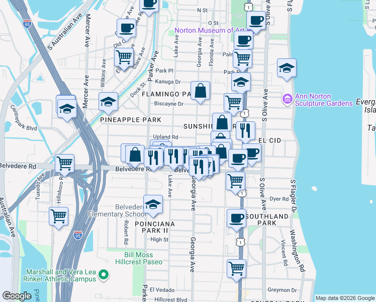map of restaurants, bars, coffee shops, grocery stores, and more near 714 Sunset Road in West Palm Beach