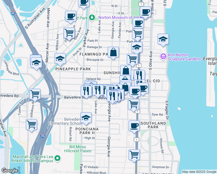 map of restaurants, bars, coffee shops, grocery stores, and more near 623 Westwood Road in West Palm Beach