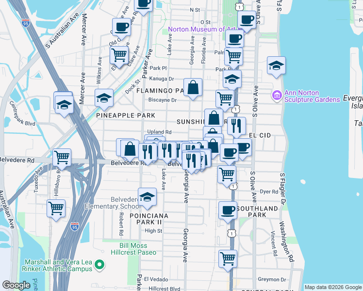 map of restaurants, bars, coffee shops, grocery stores, and more near 727 Sunset Road in West Palm Beach