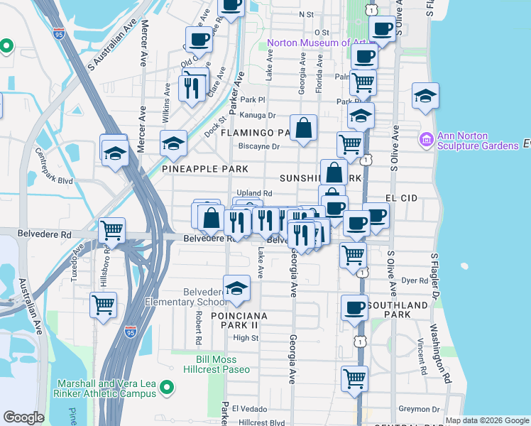 map of restaurants, bars, coffee shops, grocery stores, and more near 811 Sunset Road in West Palm Beach