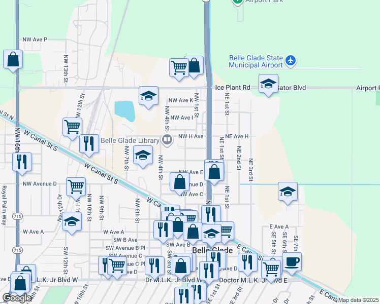 map of restaurants, bars, coffee shops, grocery stores, and more near 716 Northwest 2nd Street in Belle Glade