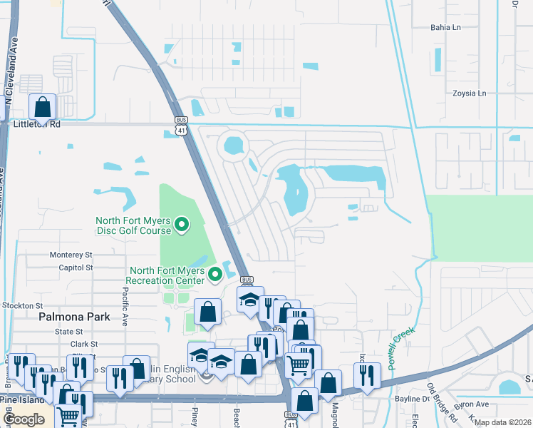 map of restaurants, bars, coffee shops, grocery stores, and more near 66 Jose Gaspar Drive in North Fort Myers