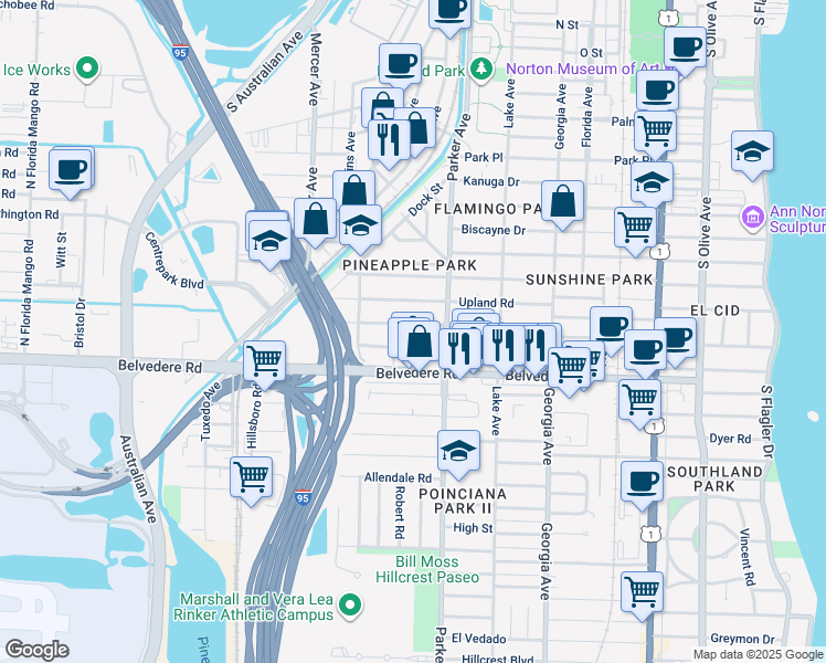 map of restaurants, bars, coffee shops, grocery stores, and more near 941 Sunset Road in West Palm Beach